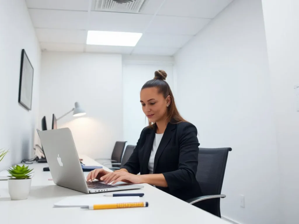 woman working on laptop in a small office space