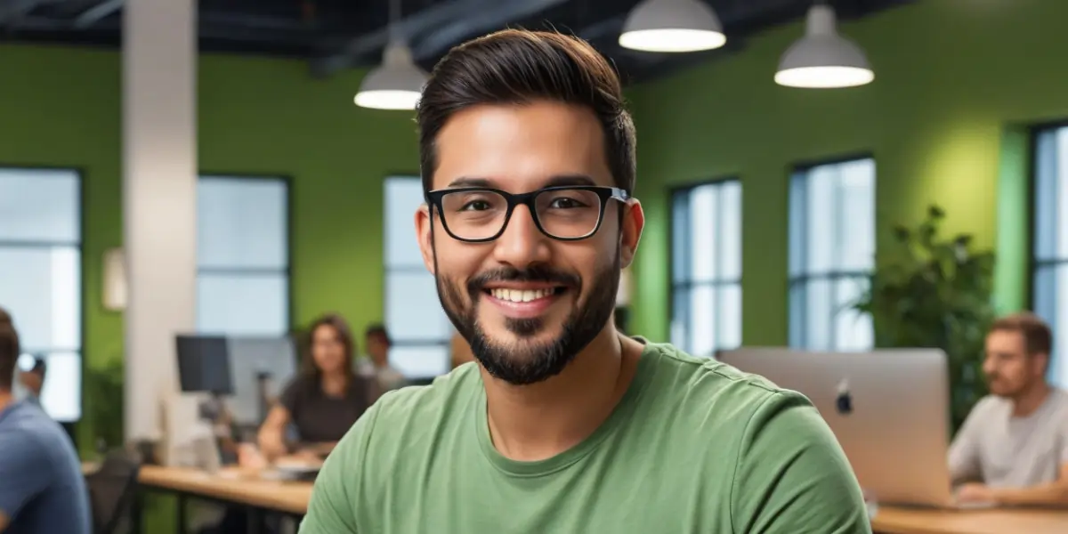 man at a computer in a shared coworking office